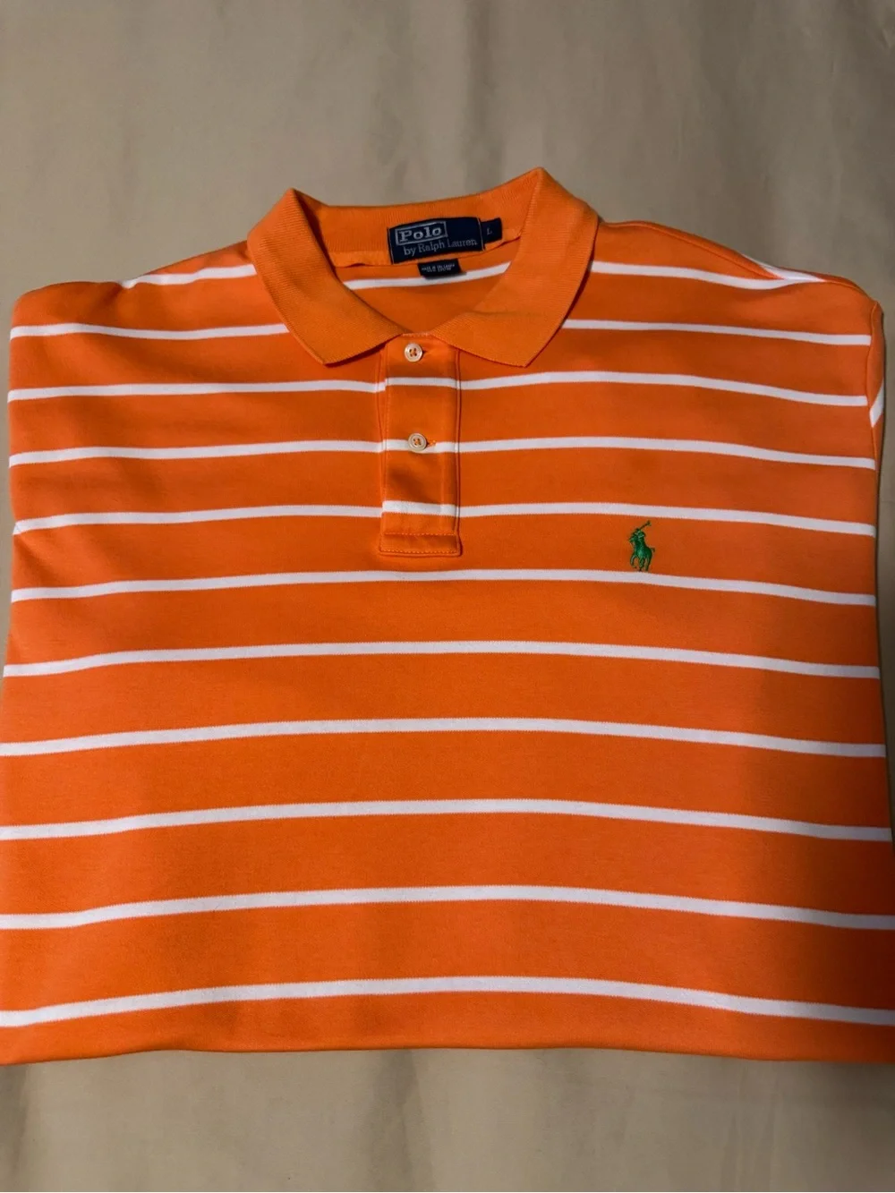 Polo by Ralph Lauren Orange and White Striped Polo with Green Pony